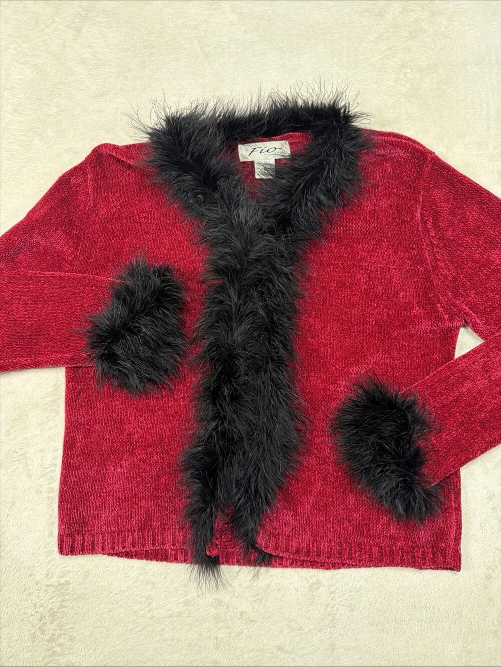Vtg Fio USA Plush Chenille Cardigan Sweater Pink Feather Trim Whimsigoth Sz Med